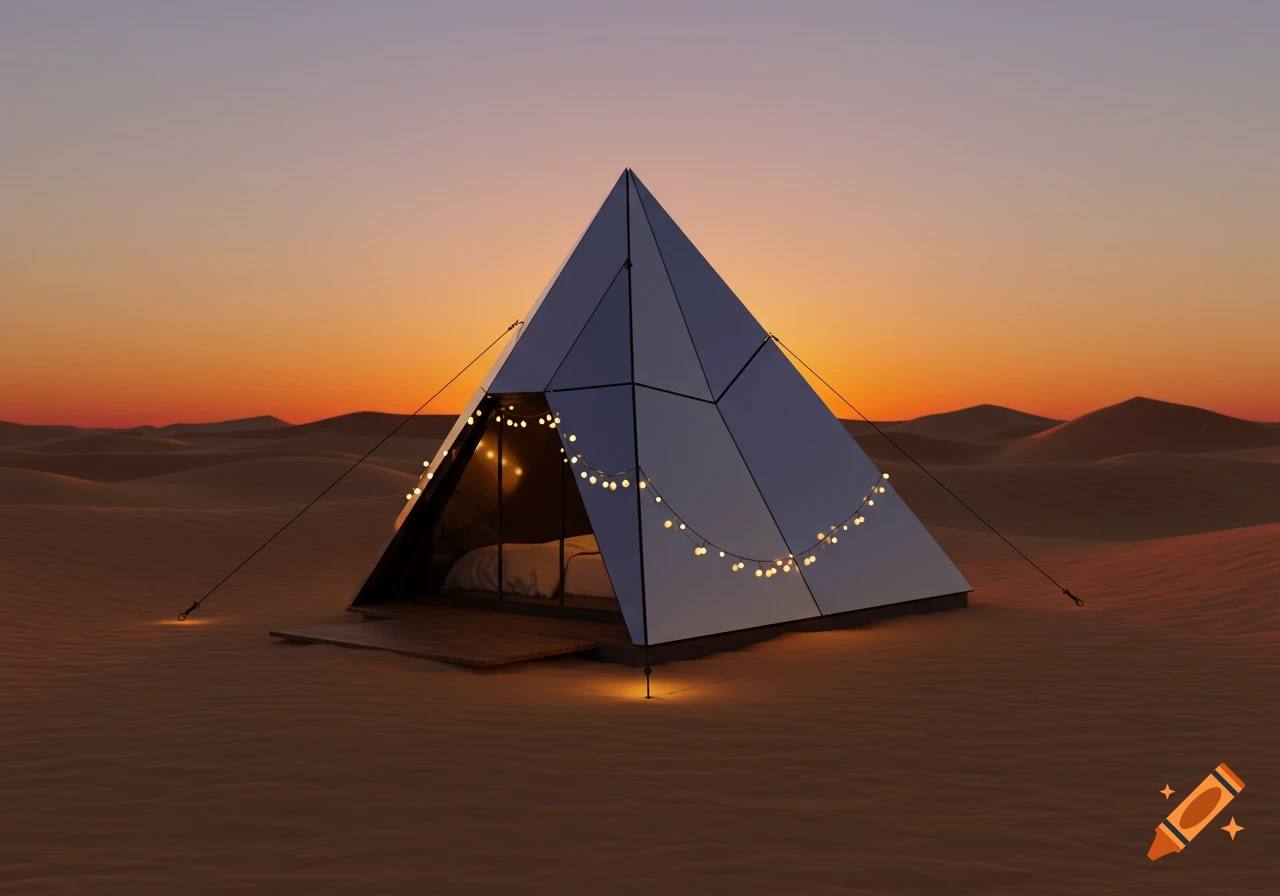A modern, reflective triangular prism tent with string lights in a desert at sunset.