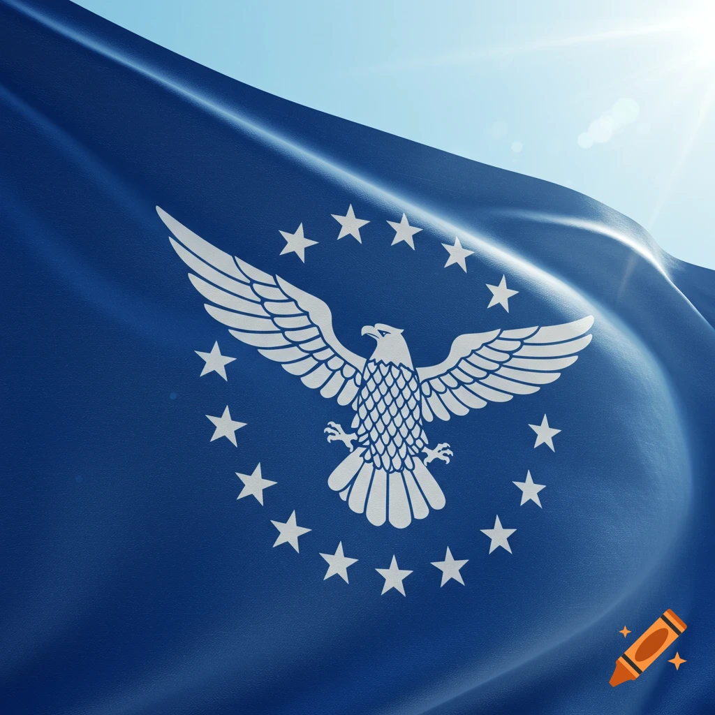 Blue flag with a white eagle surrounded by stars waving against a bright blue sky.