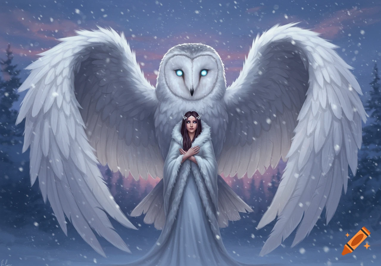 A woman in a white coat standing before a giant white owl with glowing blue eyes in a snowy, twilight forest.