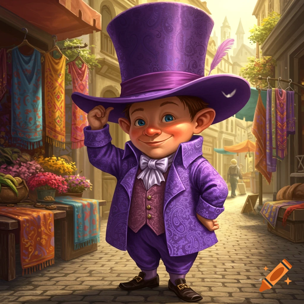A cheerful, small man in a purple top hat and suit tips his hat on a colorful market street.