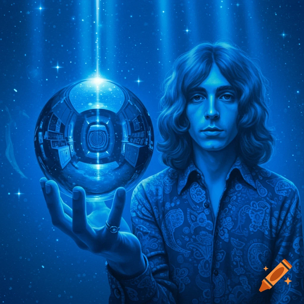 A man resembling a 60s rock star holds a reflective blue sphere, with a repeating room inside, against a starry blue backdrop with light beams.