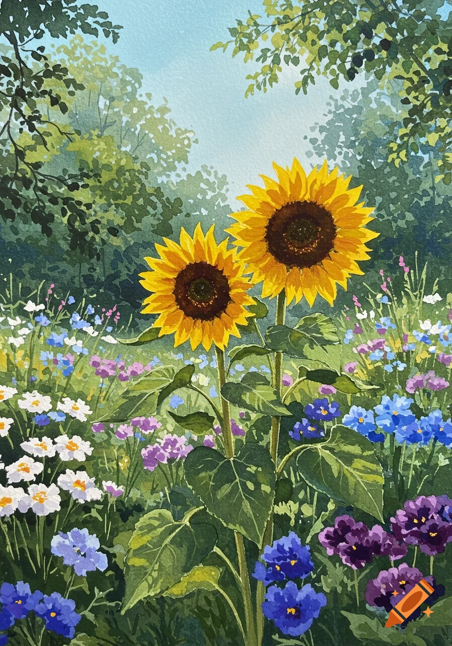 Two large sunflowers stand tall amidst a vibrant garden filled with white, blue, and purple flowers, rendered in a gouache painting style.