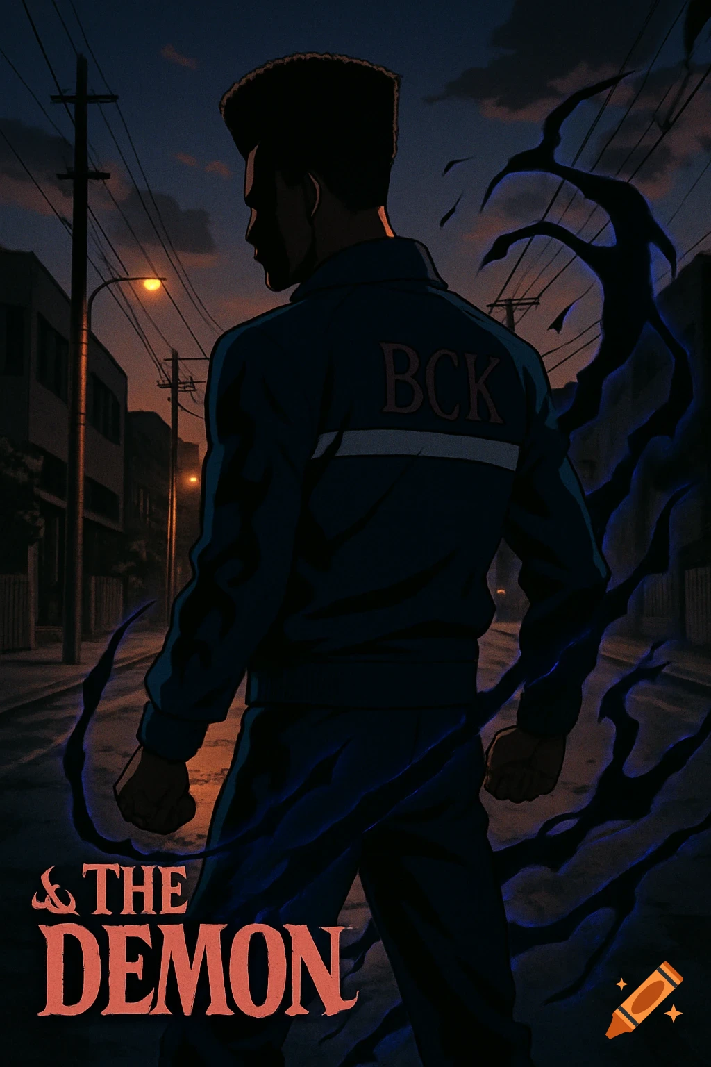 An anime-style portrait of a dark-skinned man with a high-top haircut, seen from behind, wearing a navy blue tracksuit with "BCK" on the back, standing on an urban street at dusk with tendrils of dark energy around him. The title "& THE DEMON" is in the bottom left.
