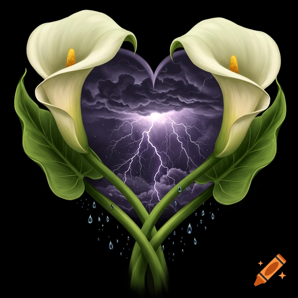 Two white calla lilies forming a heart shape with a purple storm sky, lightning, and raindrops inside.