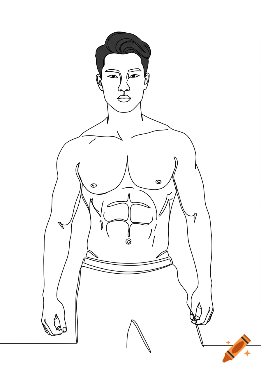 A minimalist black continuous line drawing of a muscular Asian man with dark hair, showing his torso and abs on a white background.