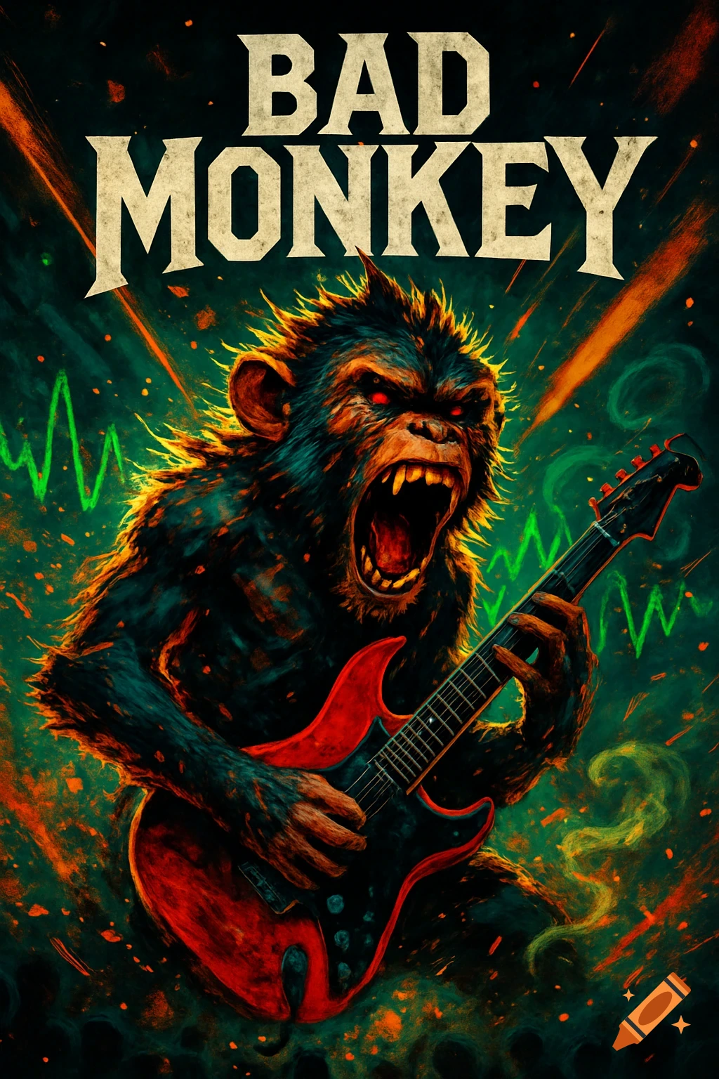 A fierce monkey with red eyes plays an electric guitar, with 'BAD MONKEY' text above, in a dynamic, illustrative style.