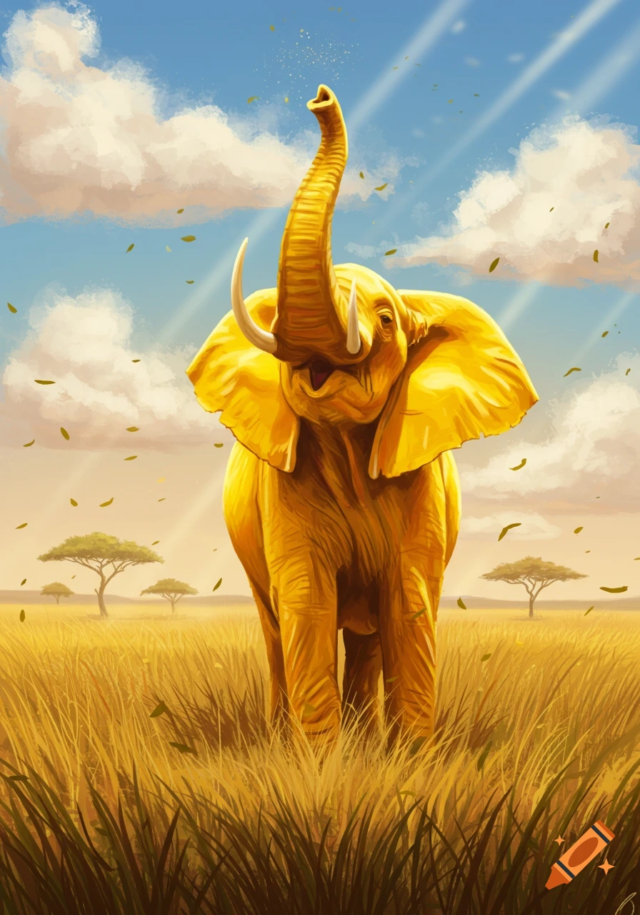 A golden yellow elephant stands in a sunlit savanna with its trunk raised high, surrounded by tall grass and scattered trees.