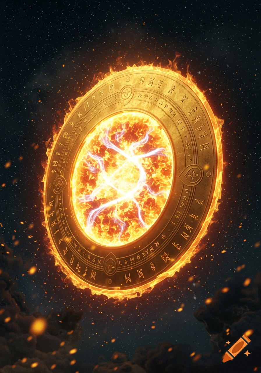 A golden burning shield with mystical symbols floats in a starry cosmic void with dark clouds below.