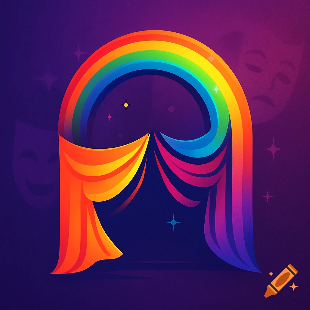 A colorful rainbow arch resembling a theater stage with curtains, on a purple background with subtle theater masks.