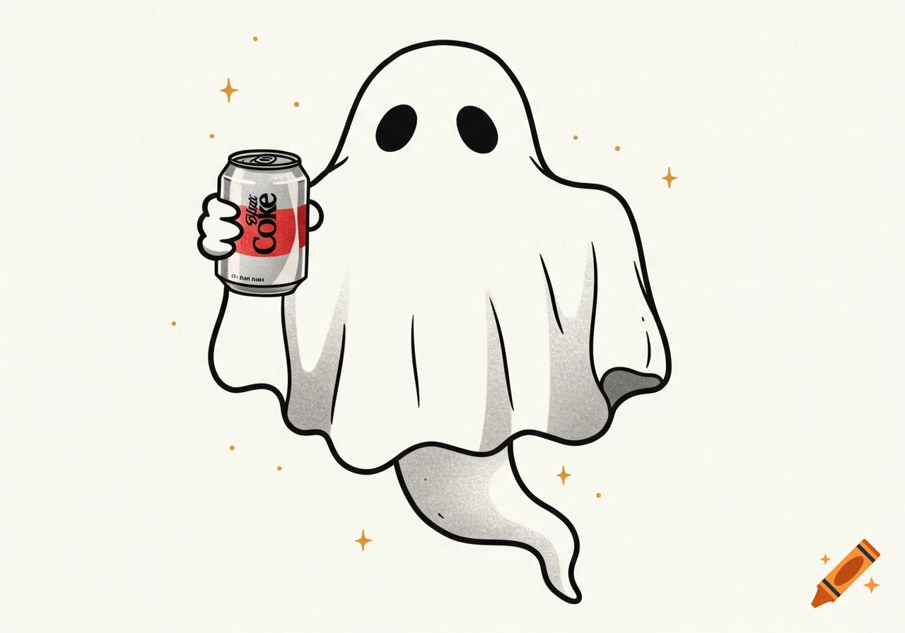A cartoon sheet ghost with black eyes holds a can of Diet Coke. The image has a clean, simple, tattoo-style illustration.