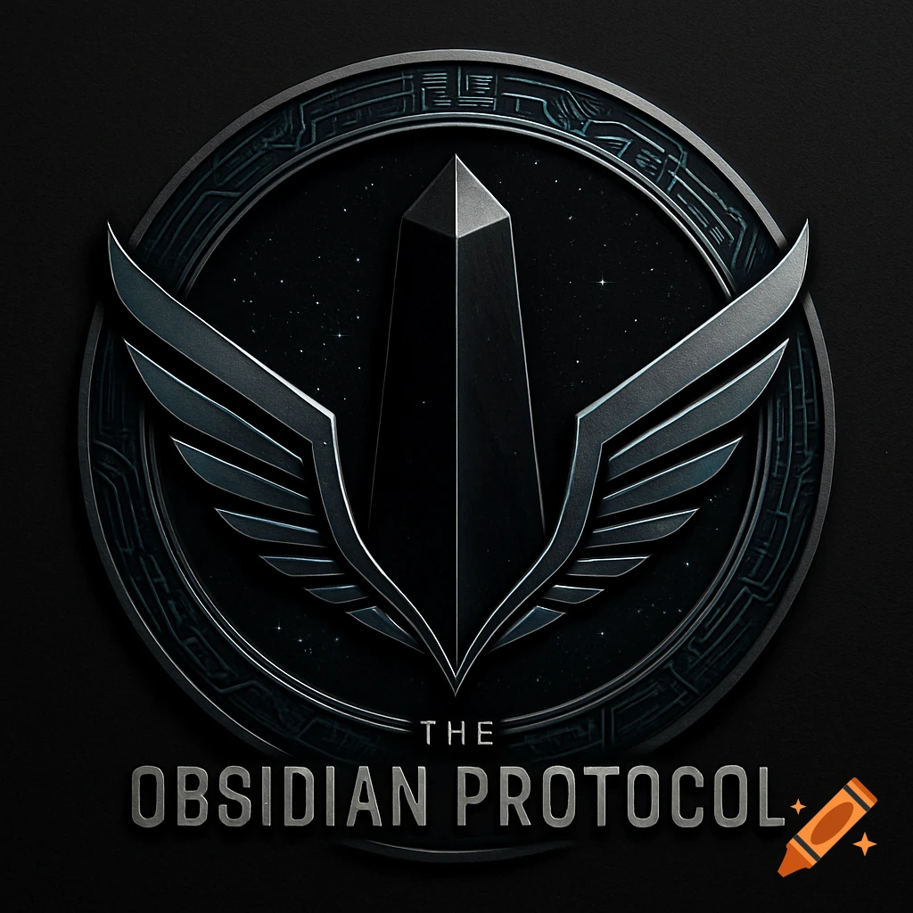 A dark, metallic emblem featuring a central obelisk, outspread wings, and a starry background within a circular border. Below the emblem, the text "THE OBSIDIAN PROTOCOL" is displayed.
