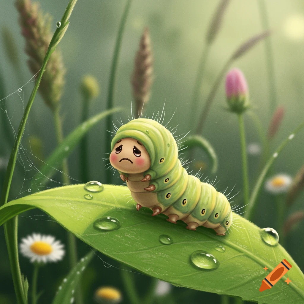 A cute, sad green caterpillar with a droopy mouth sits on a large green leaf with water droplets, surrounded by blurred grass and flowers.