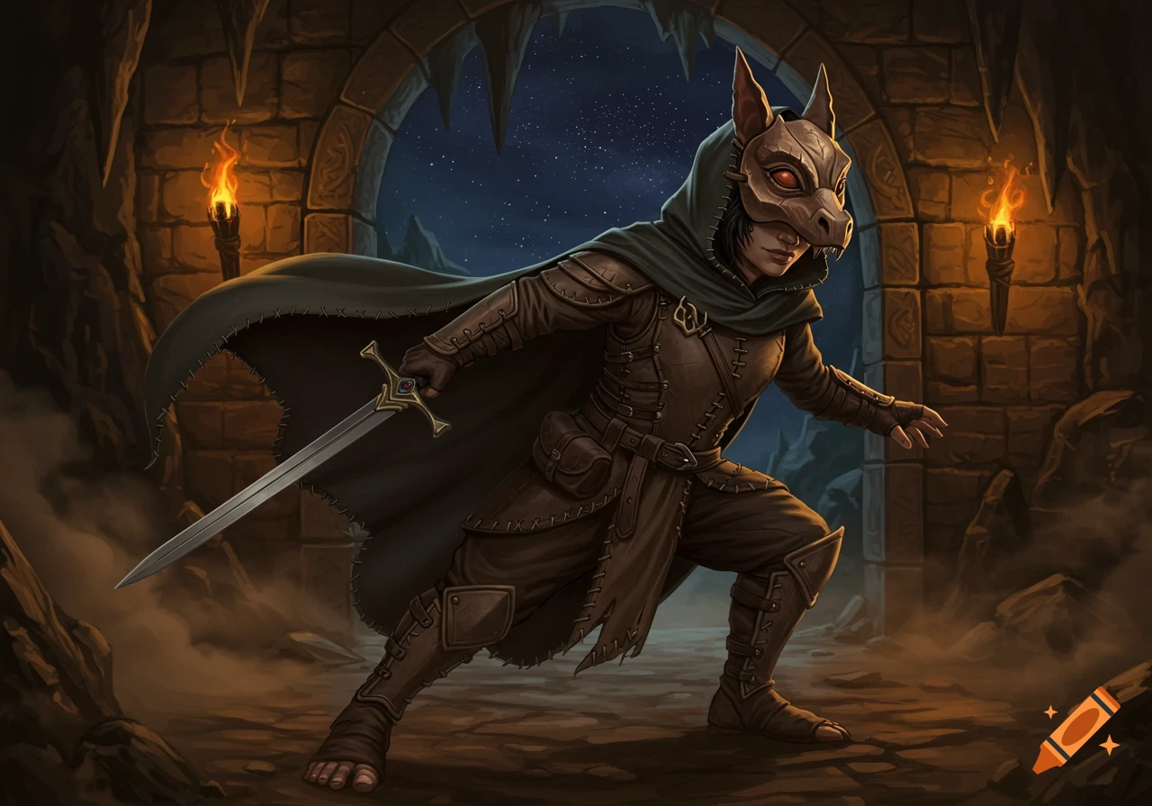 A halfling rogue with a kobold mask crouches in a dark stone dungeon, holding a sword.