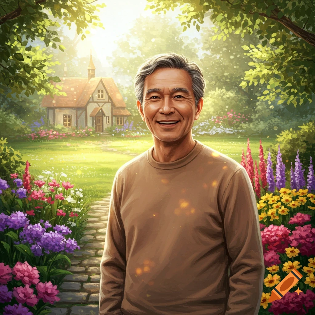 An illustrative portrait of a smiling older man with gray hair in a sun-drenched, colorful garden with a cottage in the background.