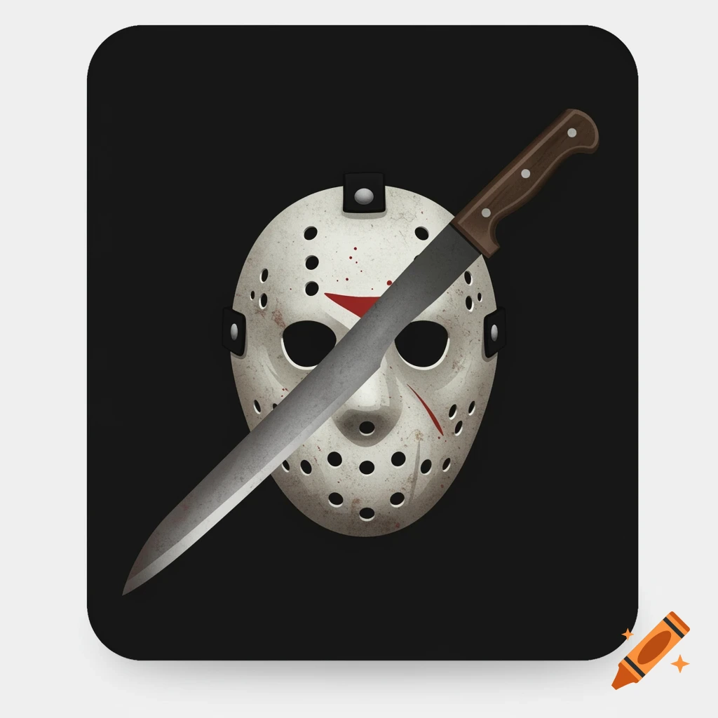 Stylized illustration of a white hockey mask with red blood splatters, pierced by a silver machete on a black background.