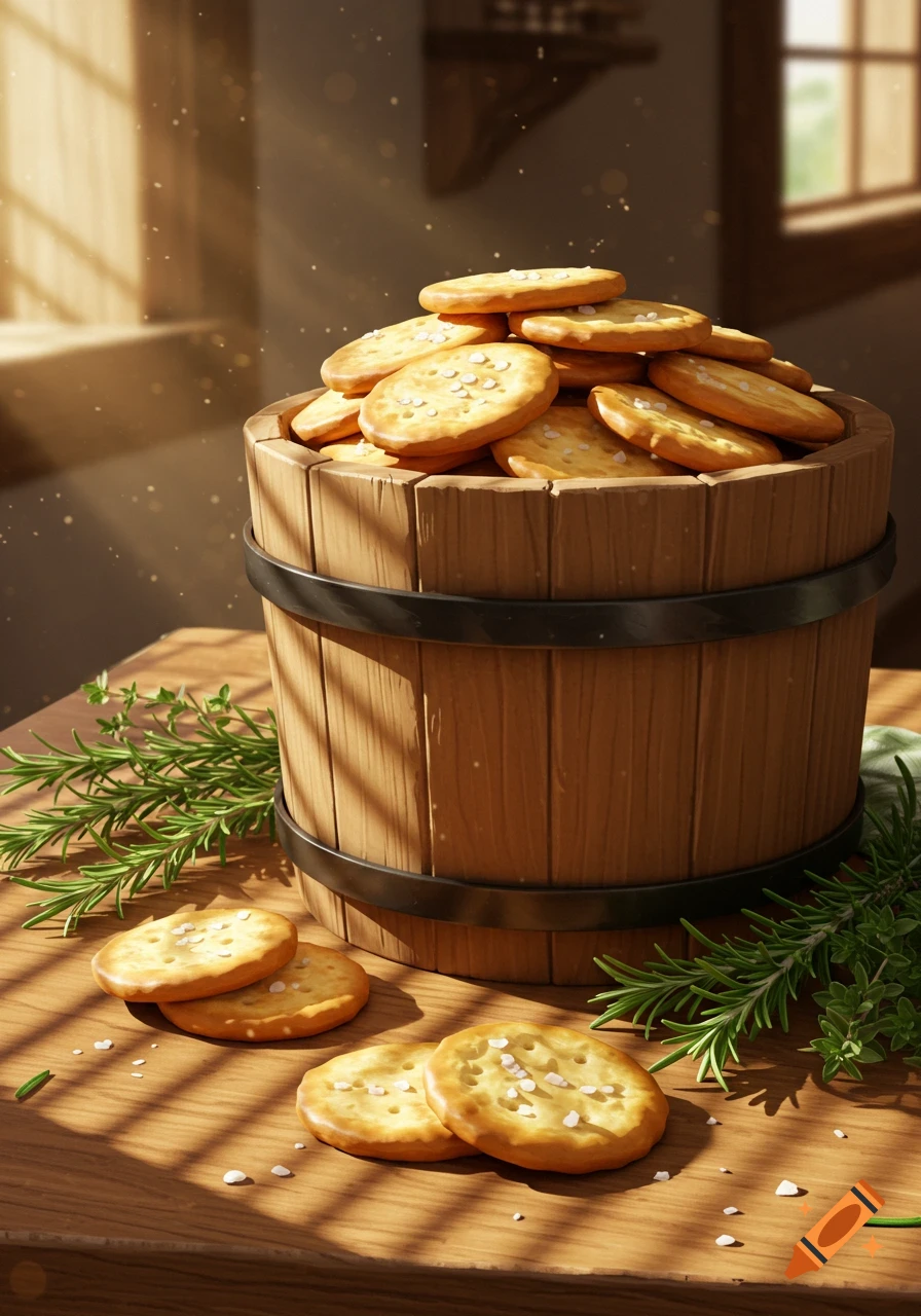 Photorealistic image of a wooden barrel filled with golden crackers, some spilled on a table with rosemary and salt in sunlight.