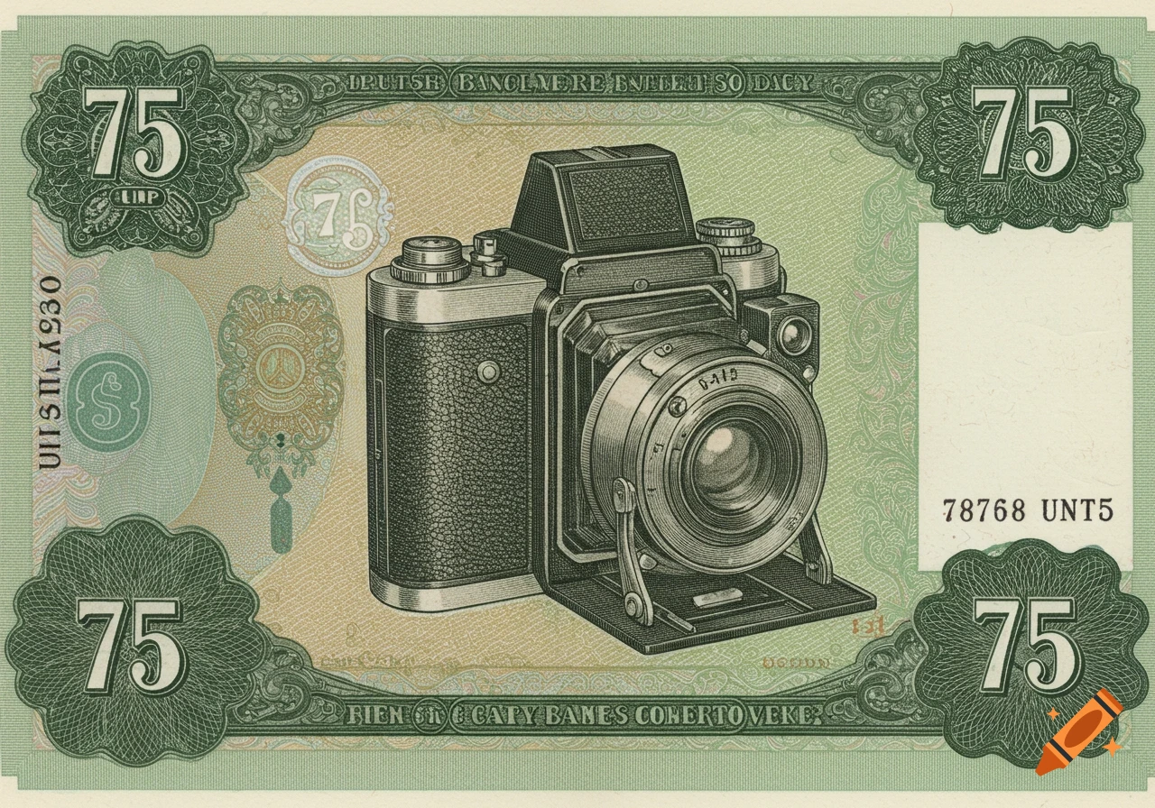 A green and beige currency bill with a large '75' in each corner and an antique folding camera illustrated in the center, in an engraved style.