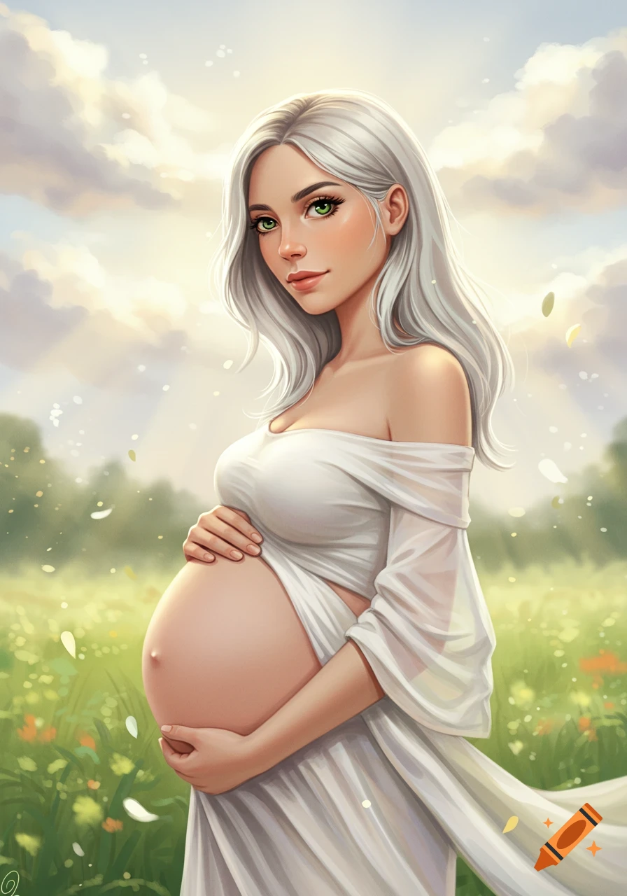 Digital illustration of a serene pregnant woman with long silver hair and green eyes in a white dress, standing in a sunny field.