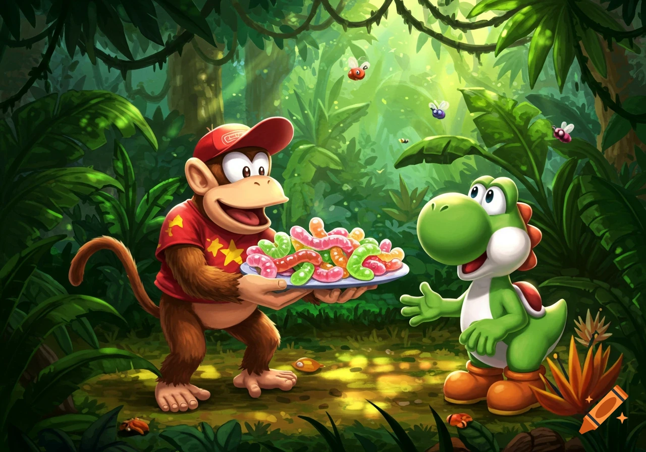 Diddy Kong, a monkey in a red cap, holds a plate of colorful gummy worms for Yoshi, a green dinosaur, in a vibrant jungle setting.