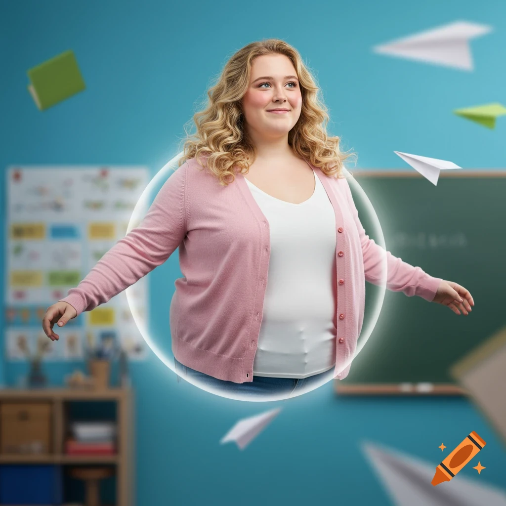 A smiling blonde woman teacher with an inflated body floats in a classroom with paper airplanes and books in the air, in a photorealistic style.