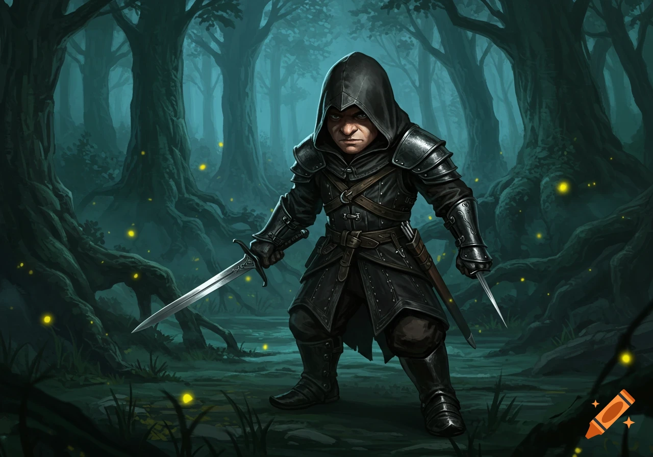 A gnome assassin in black armor holds a sword and knife in a dark, glowing fantasy forest.