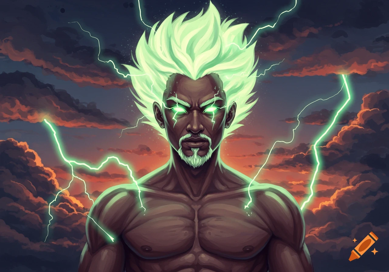 A muscular man with glowing green spiky hair and eyes, surrounded by green lightning, against a dramatic stormy sky.