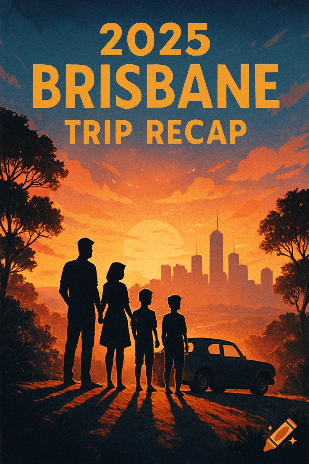 Illustrated poster of a family and car silhouettes on a hill, overlooking a city skyline at sunset, with text '2025 BRISBANE TRIP RECAP'.