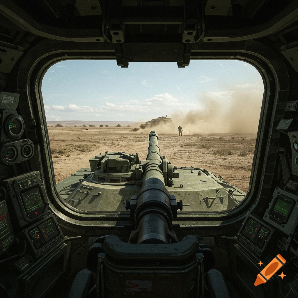 Photorealistic image from inside a tank, showing the barrel pointed towards a distant person and another tank in a dusty desert.