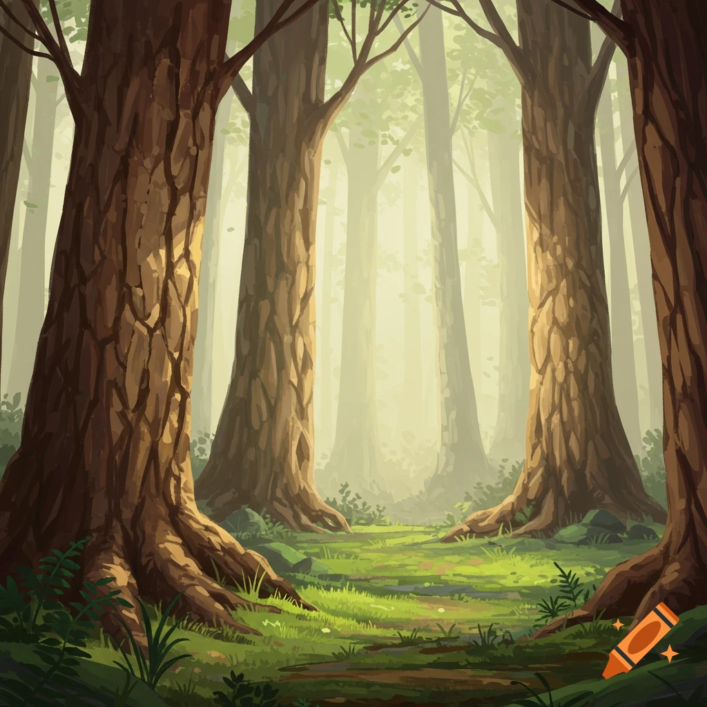 A stylized illustration of a sunlit forest clearing with large tree trunks and vibrant green grass.