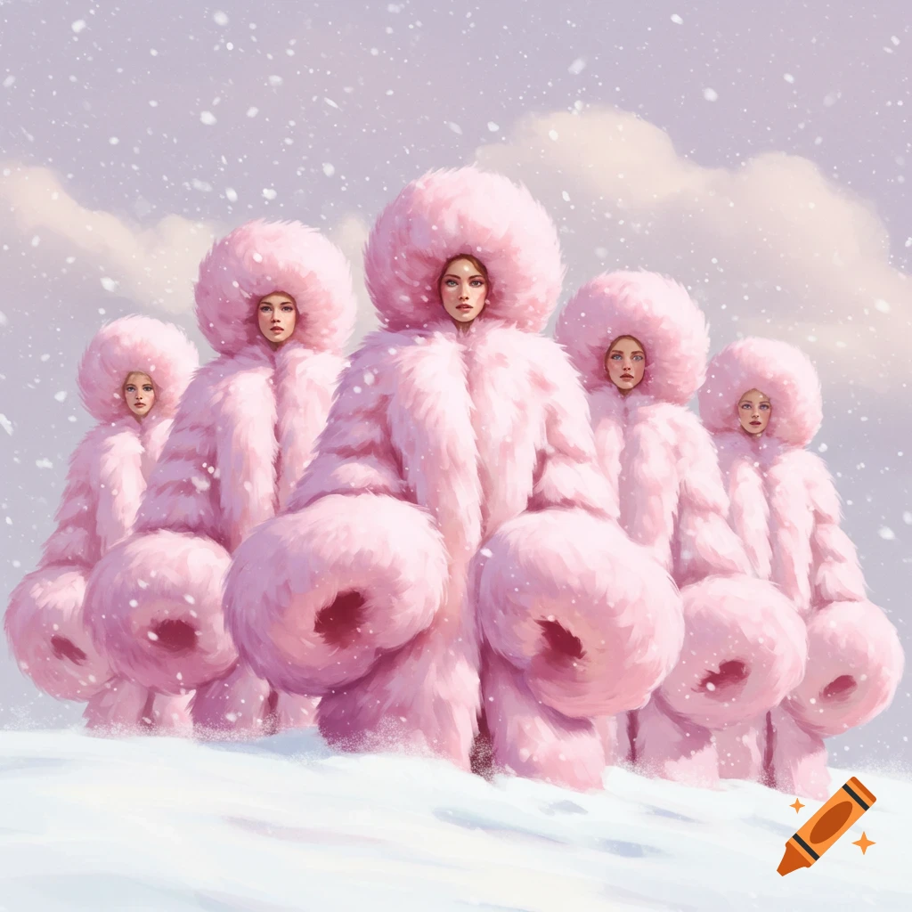 Five women in voluminous pink fur coats stand in a snowy landscape during a snowfall.