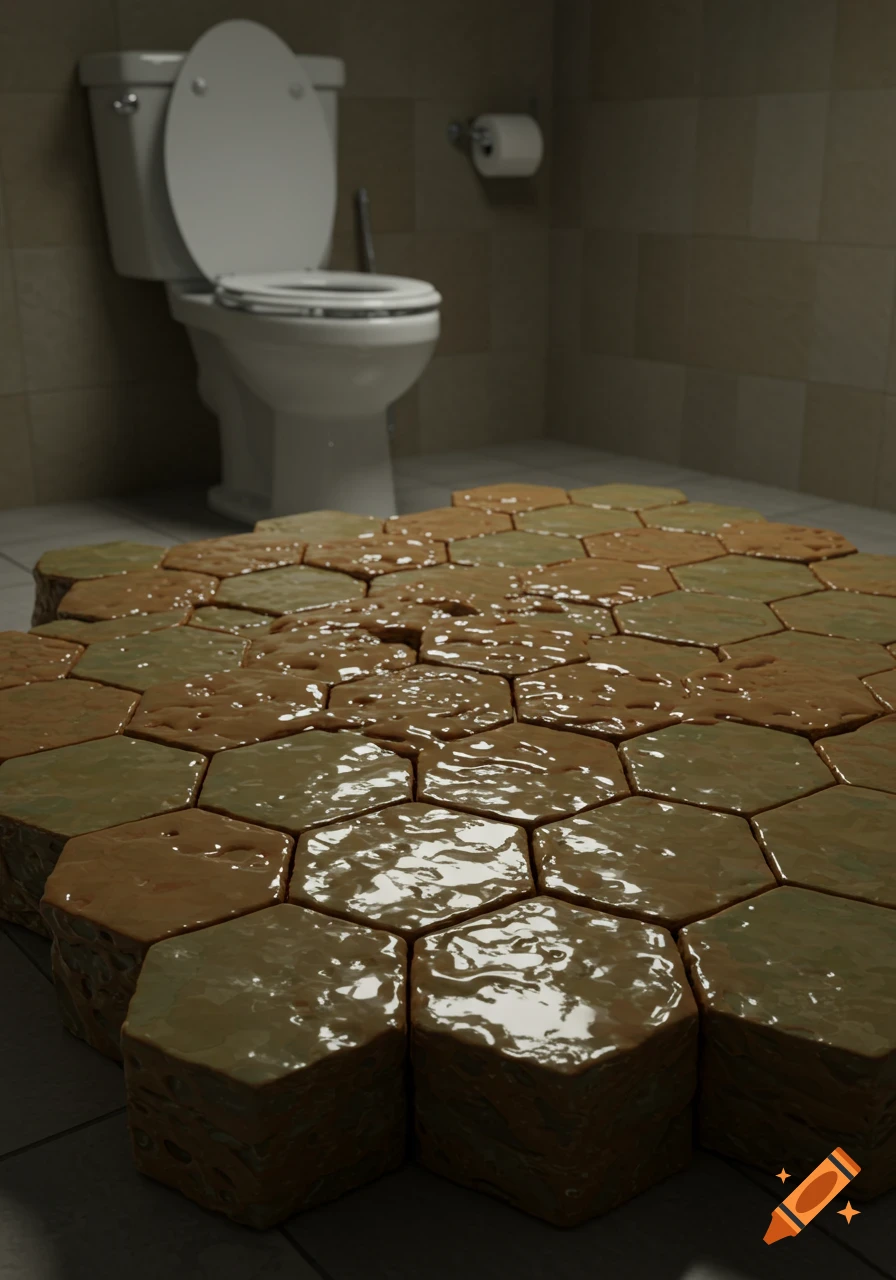 Photorealistic image of a toilet in a bathroom with a hexagonal pattern of brown sludge on the floor.