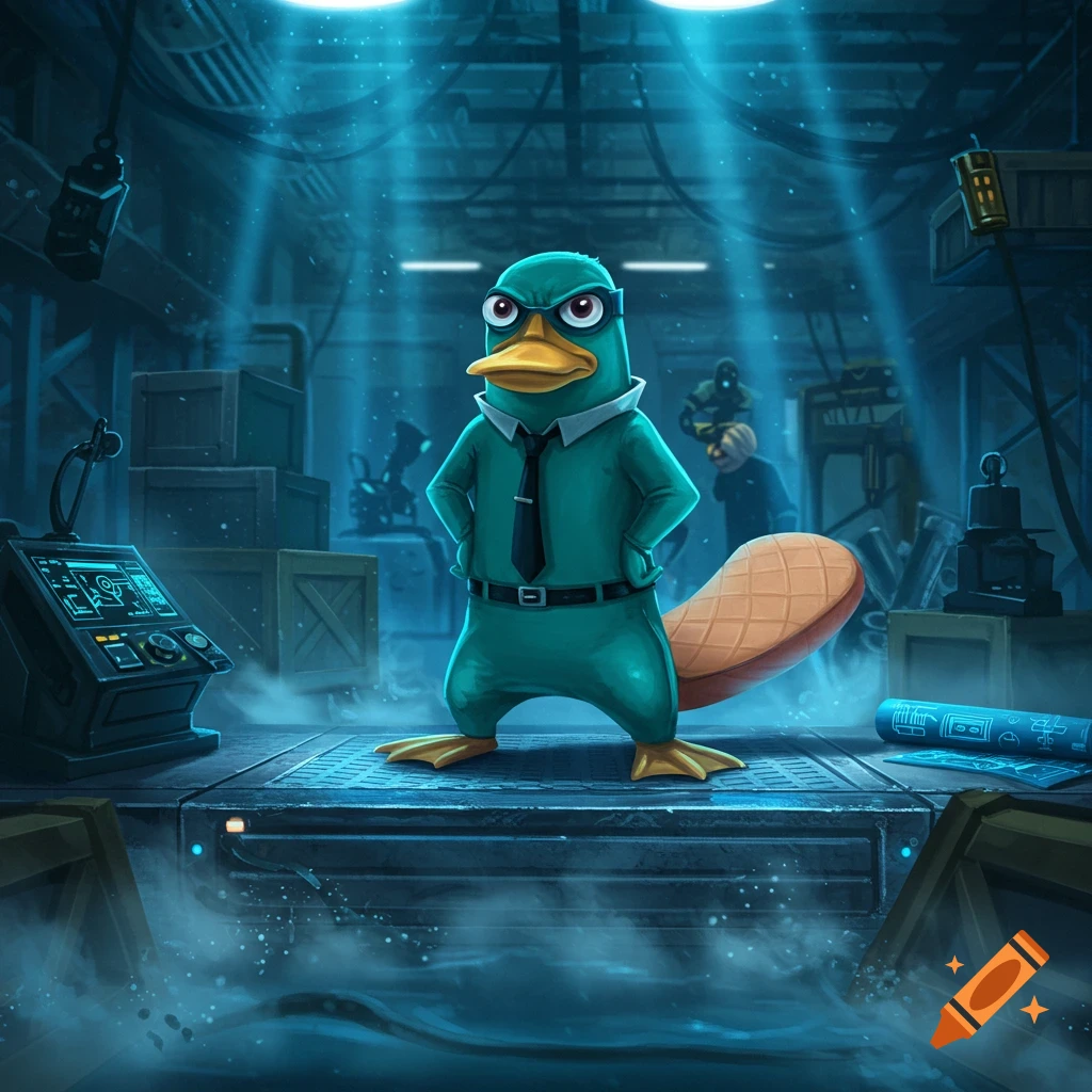 Agent P, Perry the Platypus, stands in a dark, high-tech secret lair, wearing a suit and fedora.