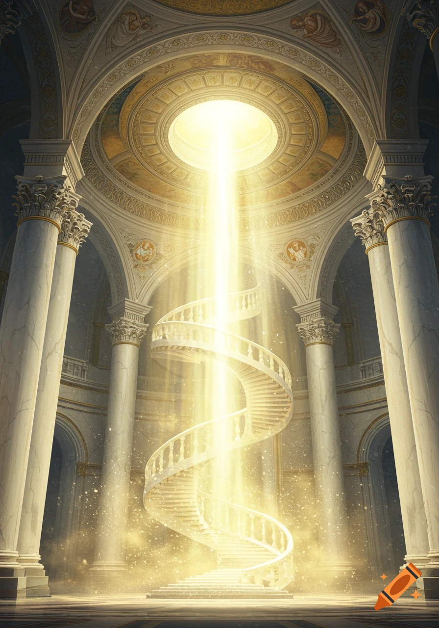 A grand, domed hall with tall columns and a spiral staircase bathed in a bright beam of golden light from above.