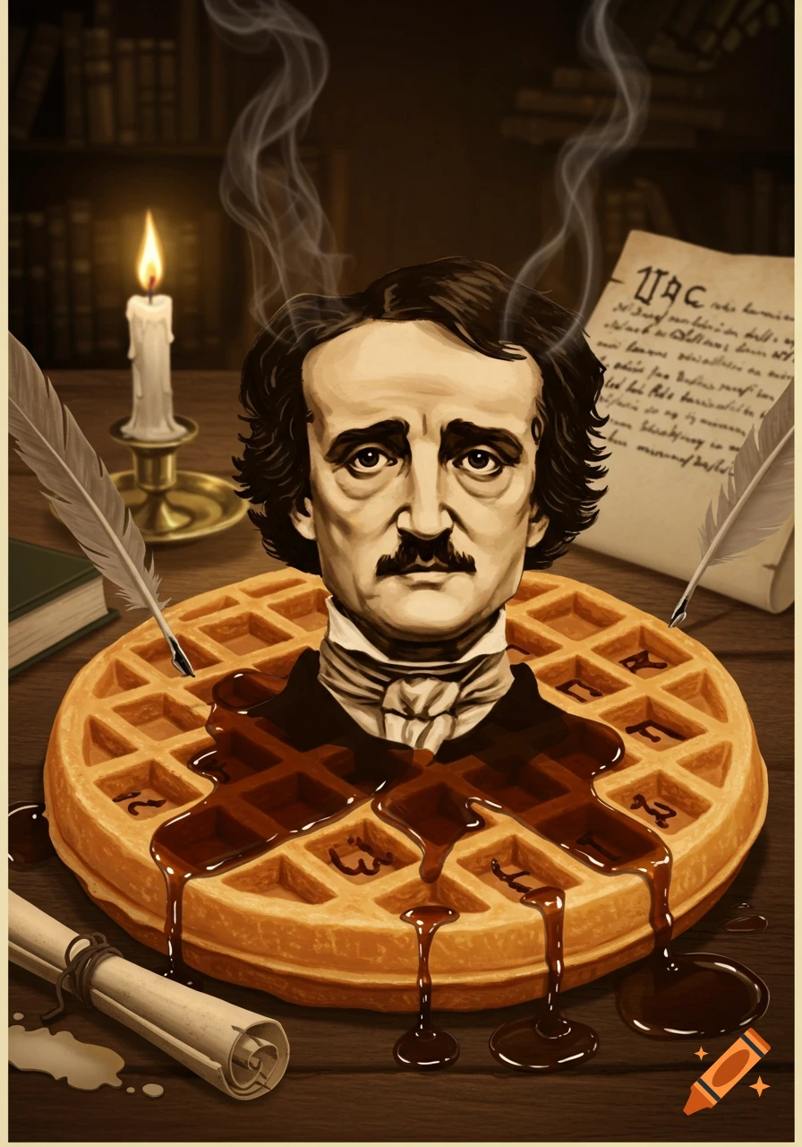 Illustrated portrait of Edgar Allan Poe's head emerging from a syrup-covered waffle, surrounded by quills, a candle, and old papers in a dark study.