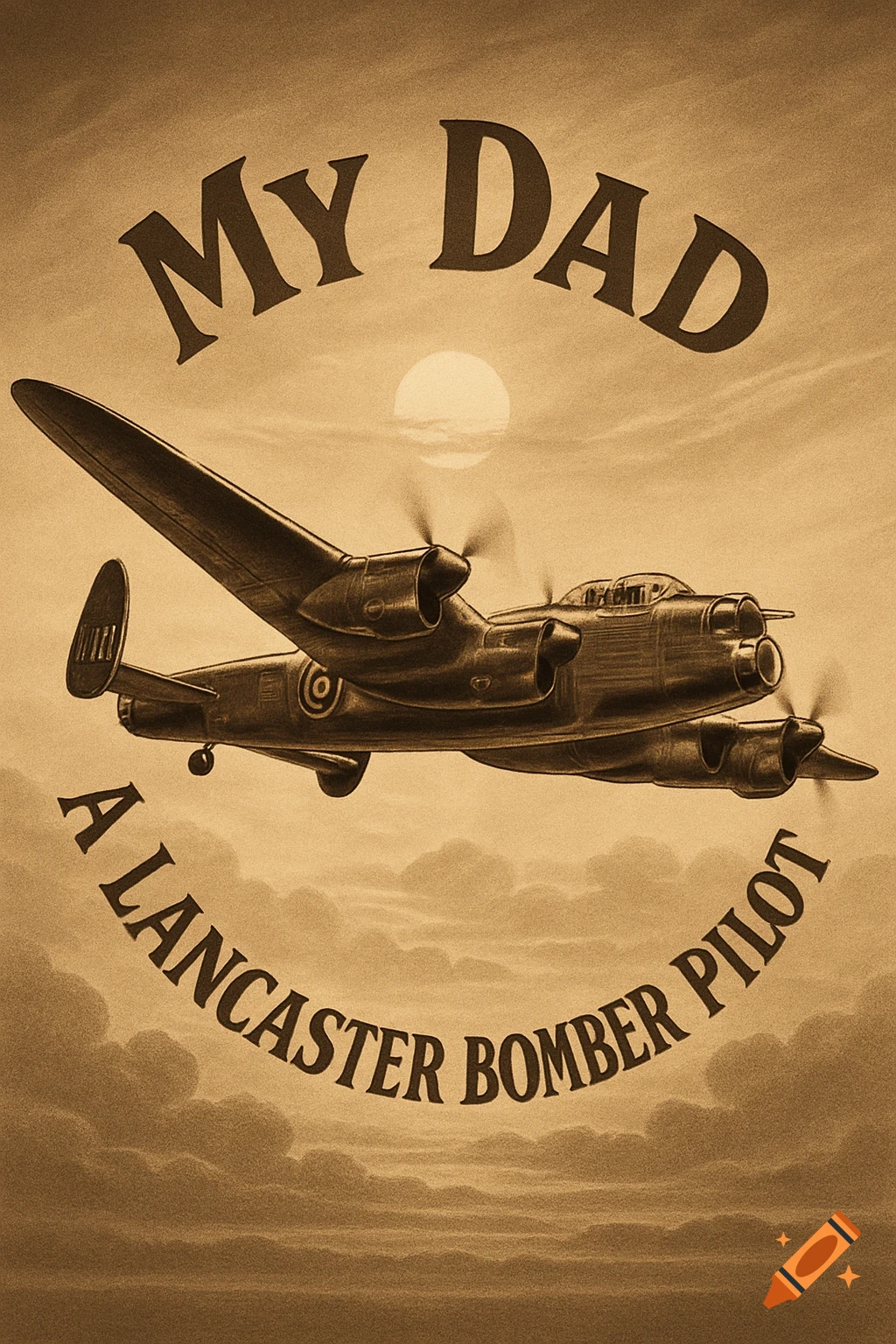 Sepia-toned illustration of a Lancaster bomber flying under the text 'My Dad' and over 'A Lancaster Bomber Pilot' against a cloudy sky with a sun.