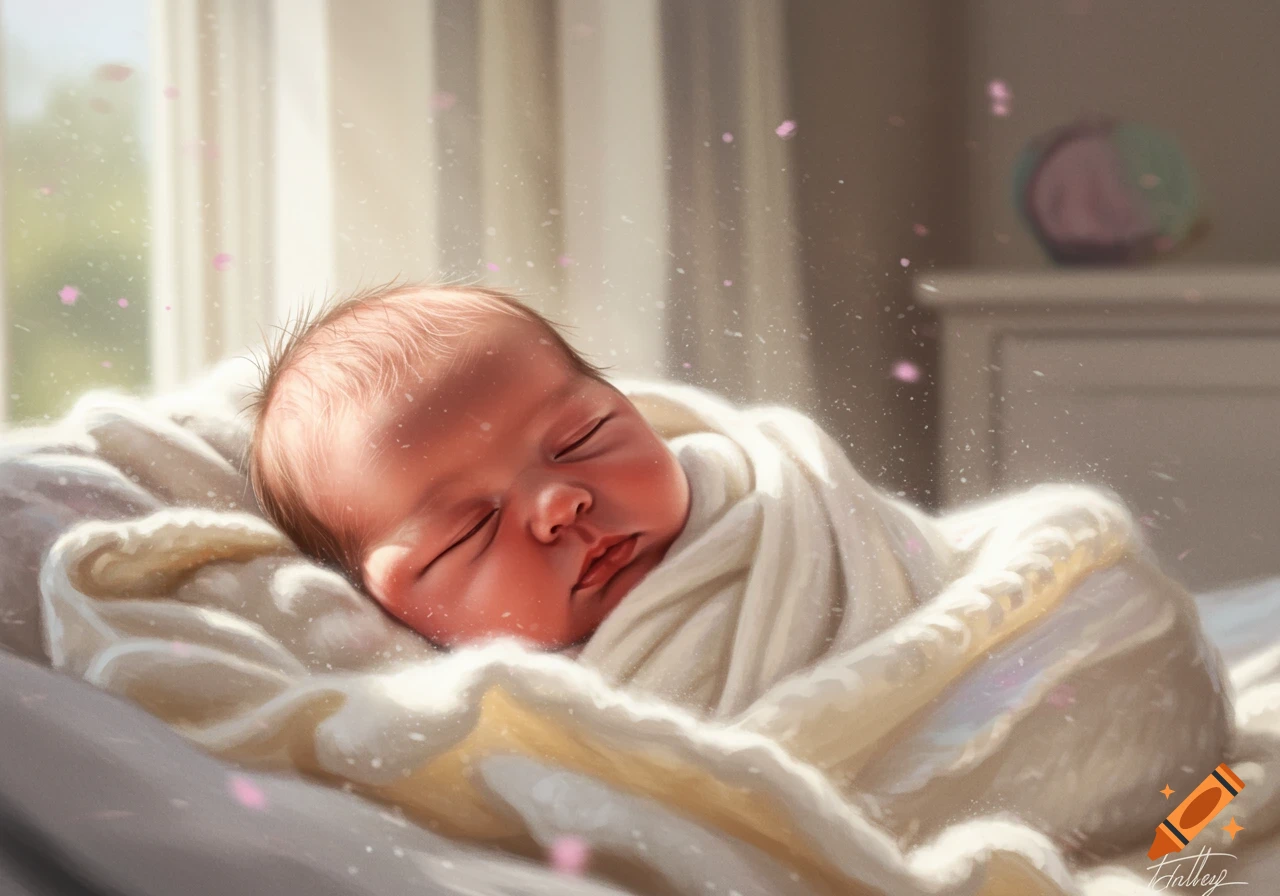 A sleeping newborn baby is swaddled in a white blanket, bathed in soft sunlight with glowing particles floating around.