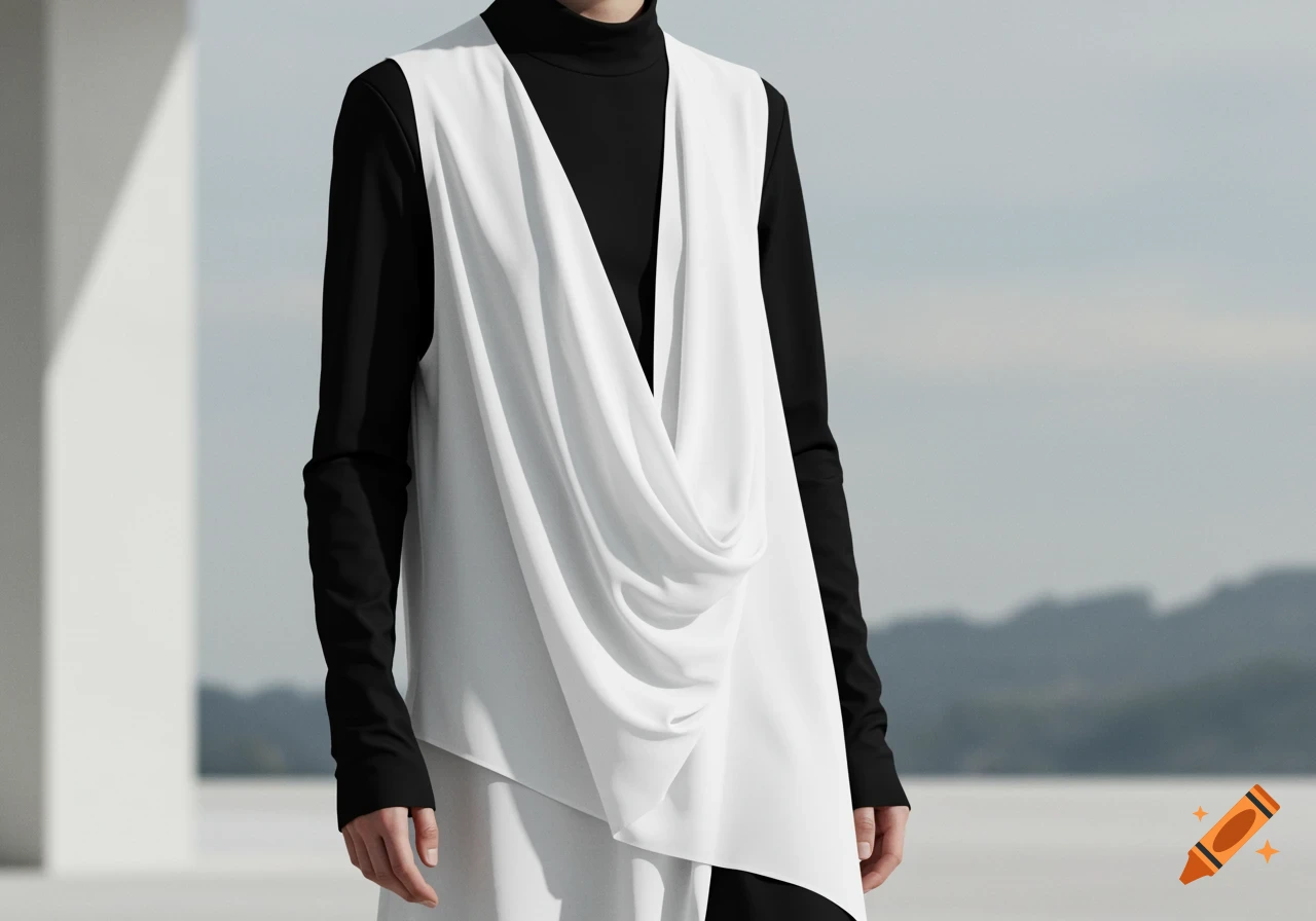 A person wears a black long-sleeved turtleneck shirt under a flowing white sleeveless tunic, captured in a modern, minimalist style.