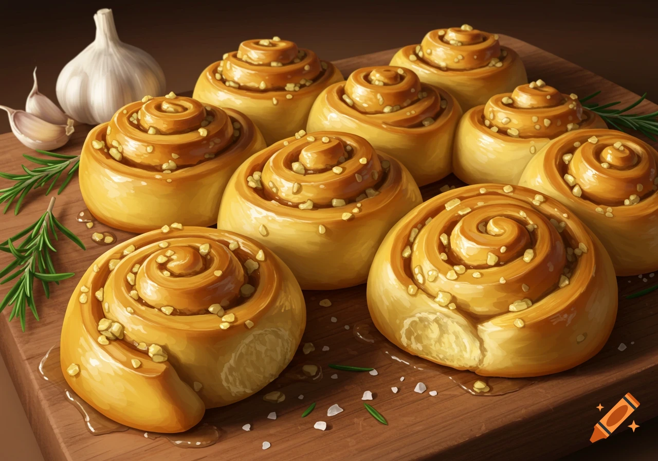 Close-up of golden brown swirly rolls topped with nuts, surrounded by garlic cloves and rosemary sprigs on a wooden board.