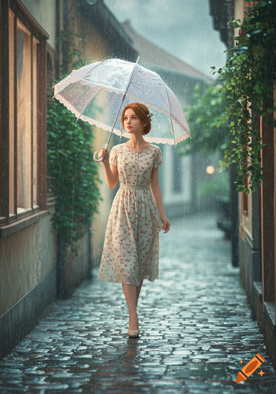 A photorealistic image of a woman in a floral dress walking down a rainy cobblestone alley with a clear umbrella.