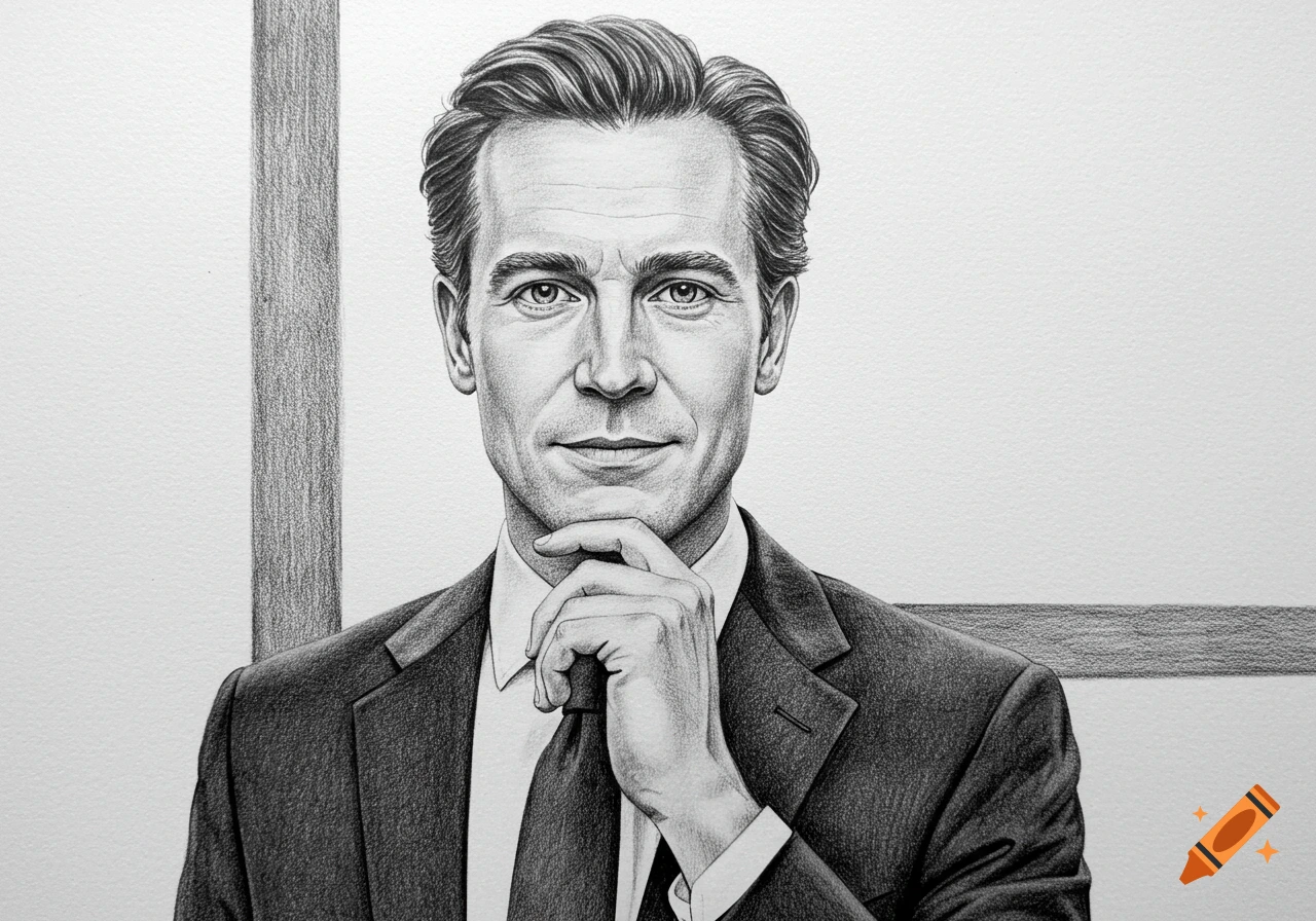A black and white pencil sketch of a man in a suit, looking directly at the viewer with his hand on his chin.