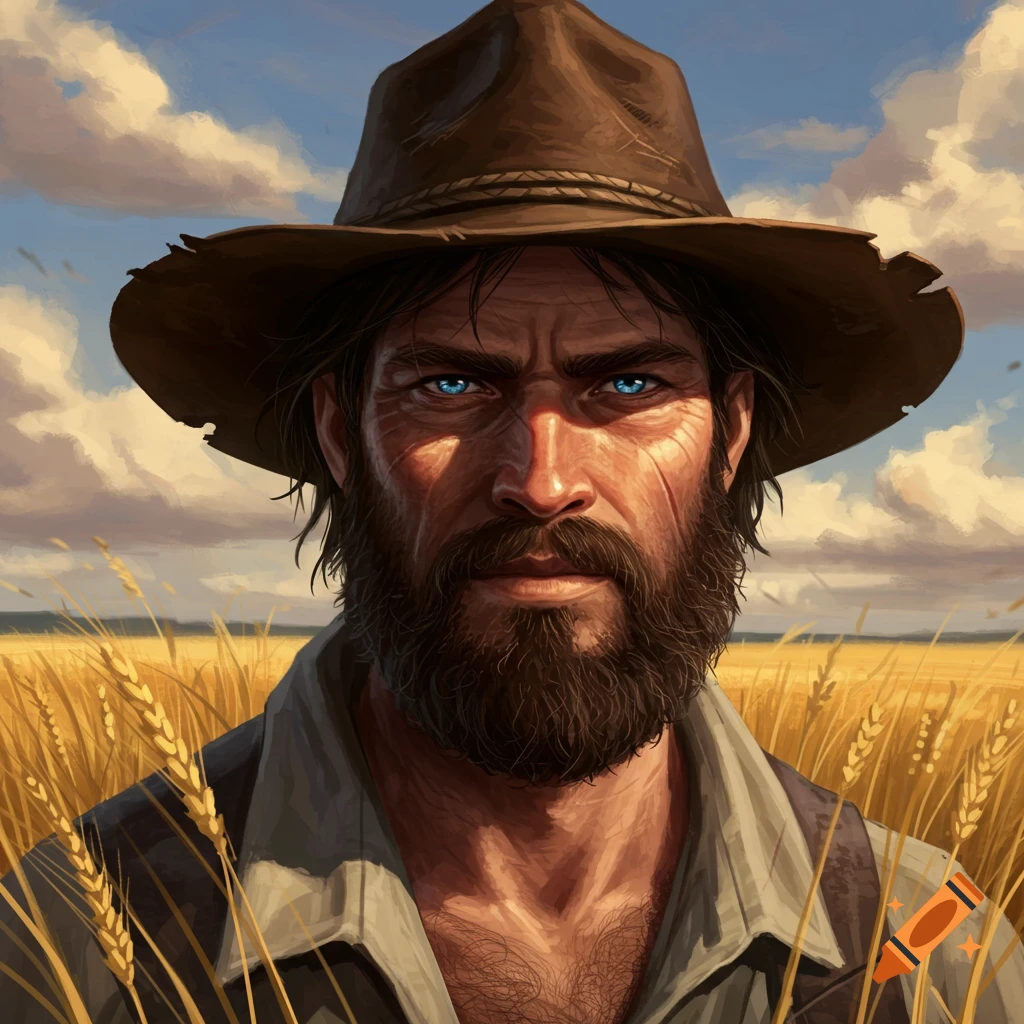 A rugged man with blue eyes, a full beard, and a brown slouch hat stands in a golden wheat field under a cloudy sky. Painterly style.