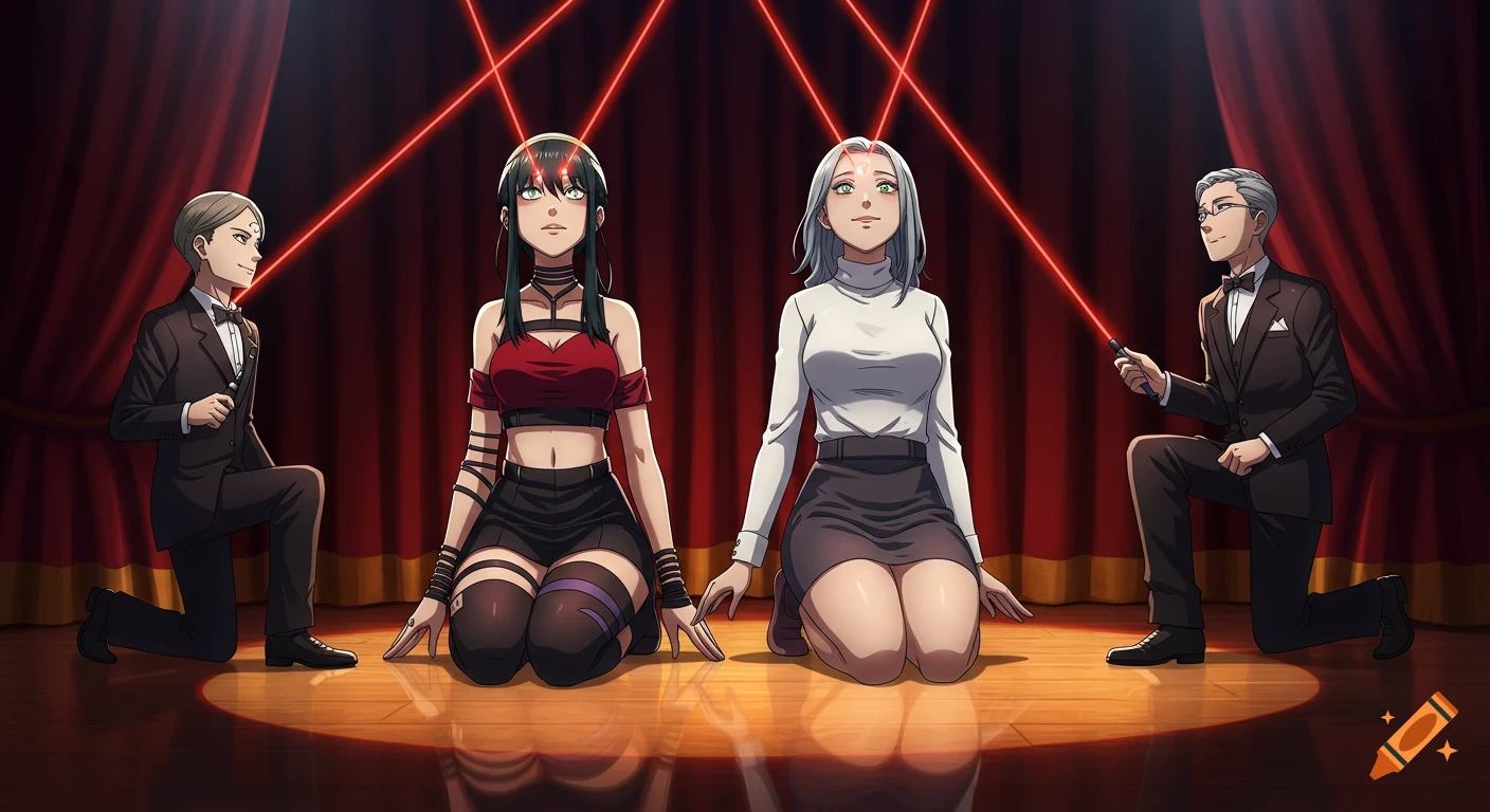 A 2D anime illustration of two women and two men on a stage with red curtains. The women kneel in a trance with laser dots on their foreheads, while the men kneel, holding laser pointers.