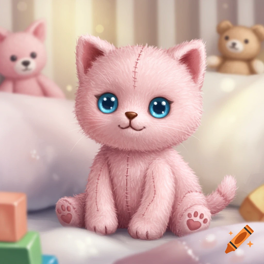 A cute pink kitten stuffed animal with bright blue eyes, a stitched nose, and a smile sits on a bed with blurred toy bears in the background.