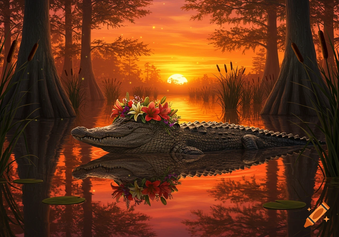 An alligator wears a floral headband in a swamp at sunset, with trees and cattails reflecting in the water.