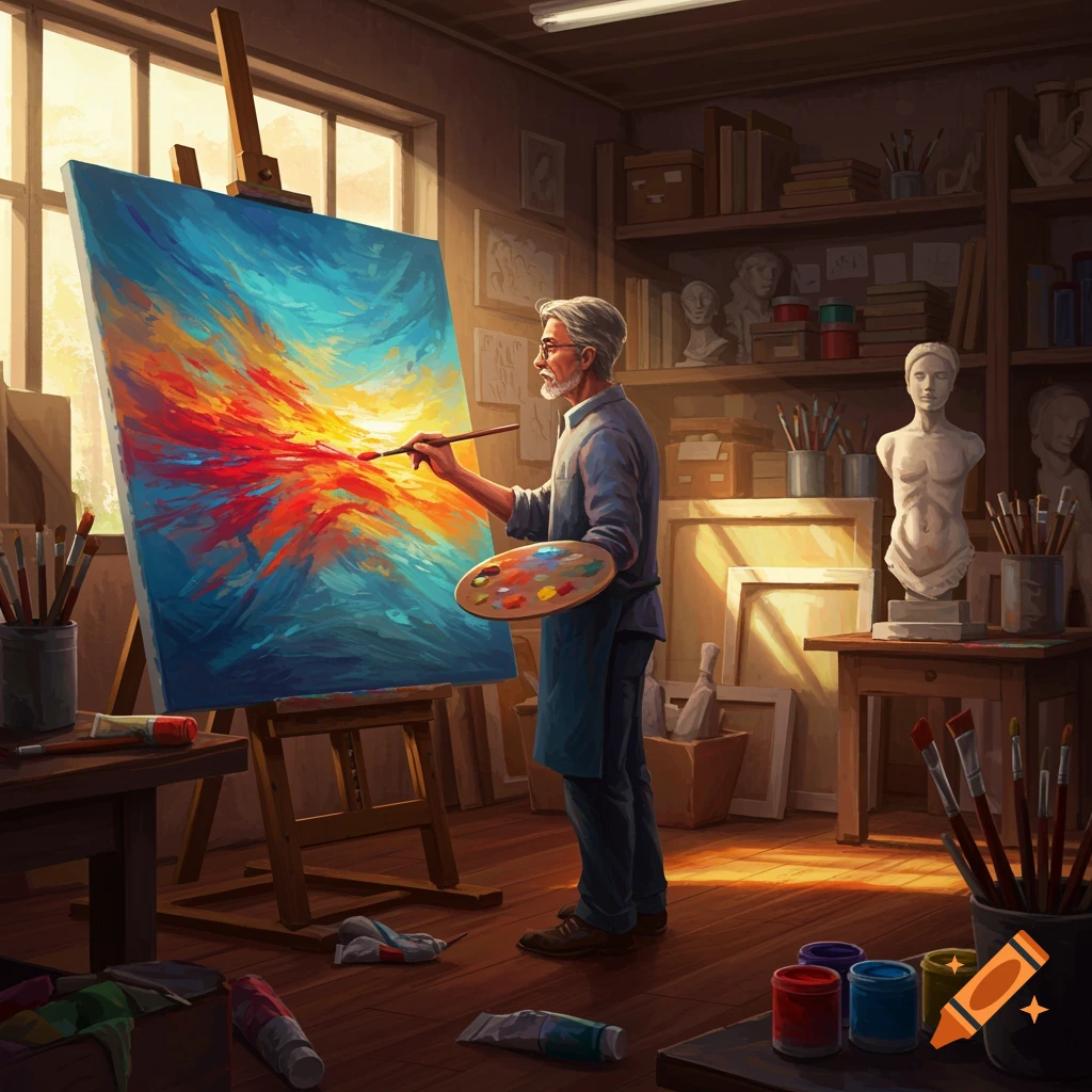 An elderly artist paints a vibrant abstract piece on a large canvas in a sunlit art studio filled with supplies.