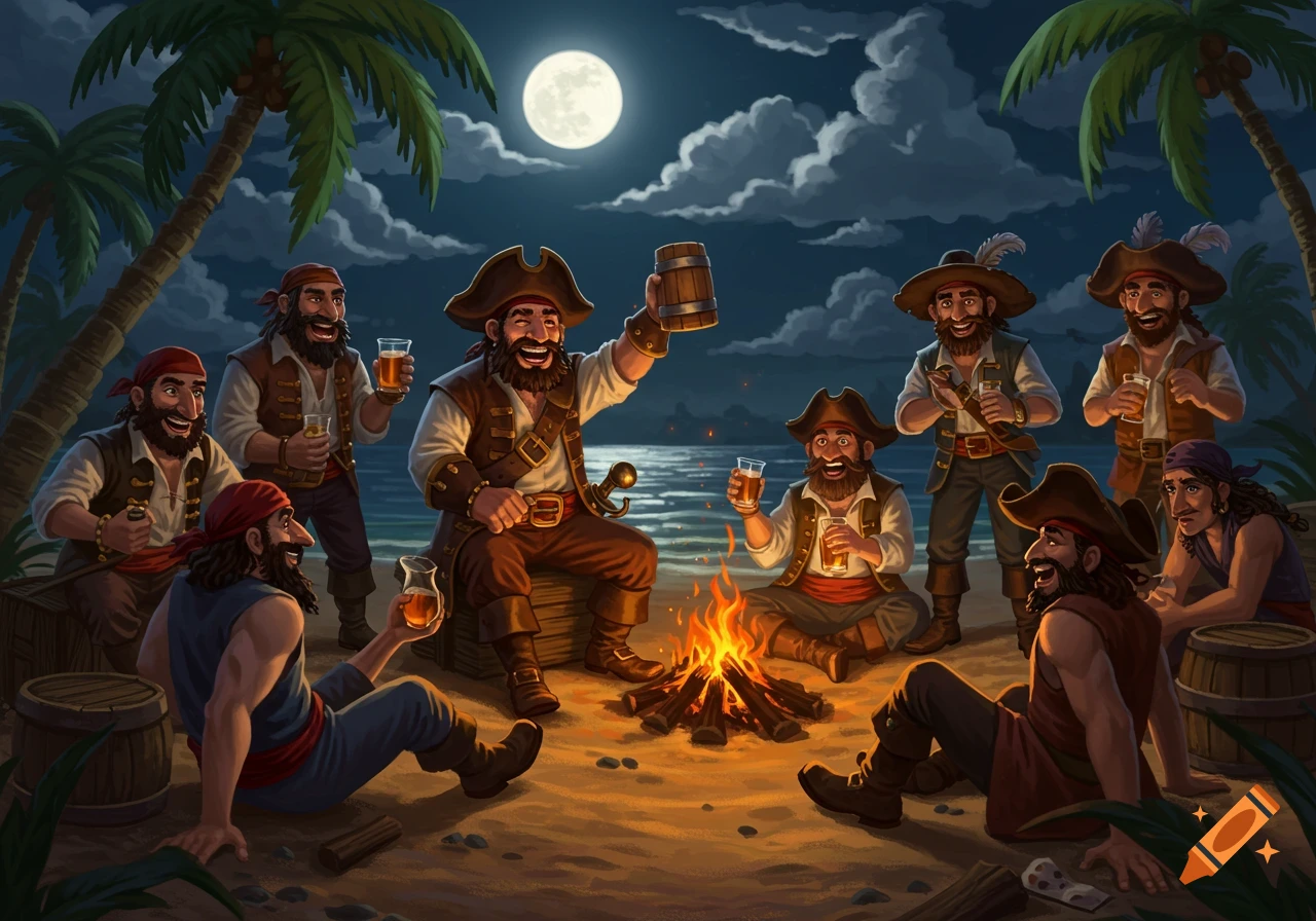 Happy animated pirates drinking around a campfire on a moonlit beach.
