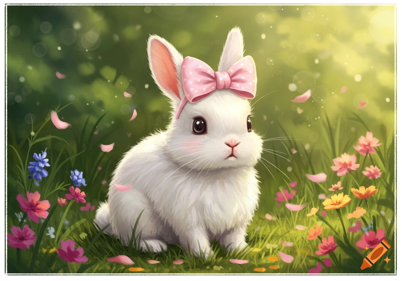 A cute white bunny wearing a pink polka-dot bow sits in a field of colorful flowers with falling pink petals.