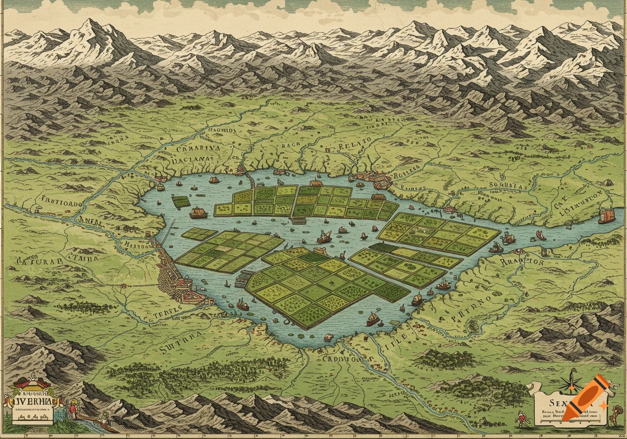 An old-style, detailed map depicting snow-capped mountains, green valleys, rivers, and a large lake filled with rectangular chinampa-like islands and boats.