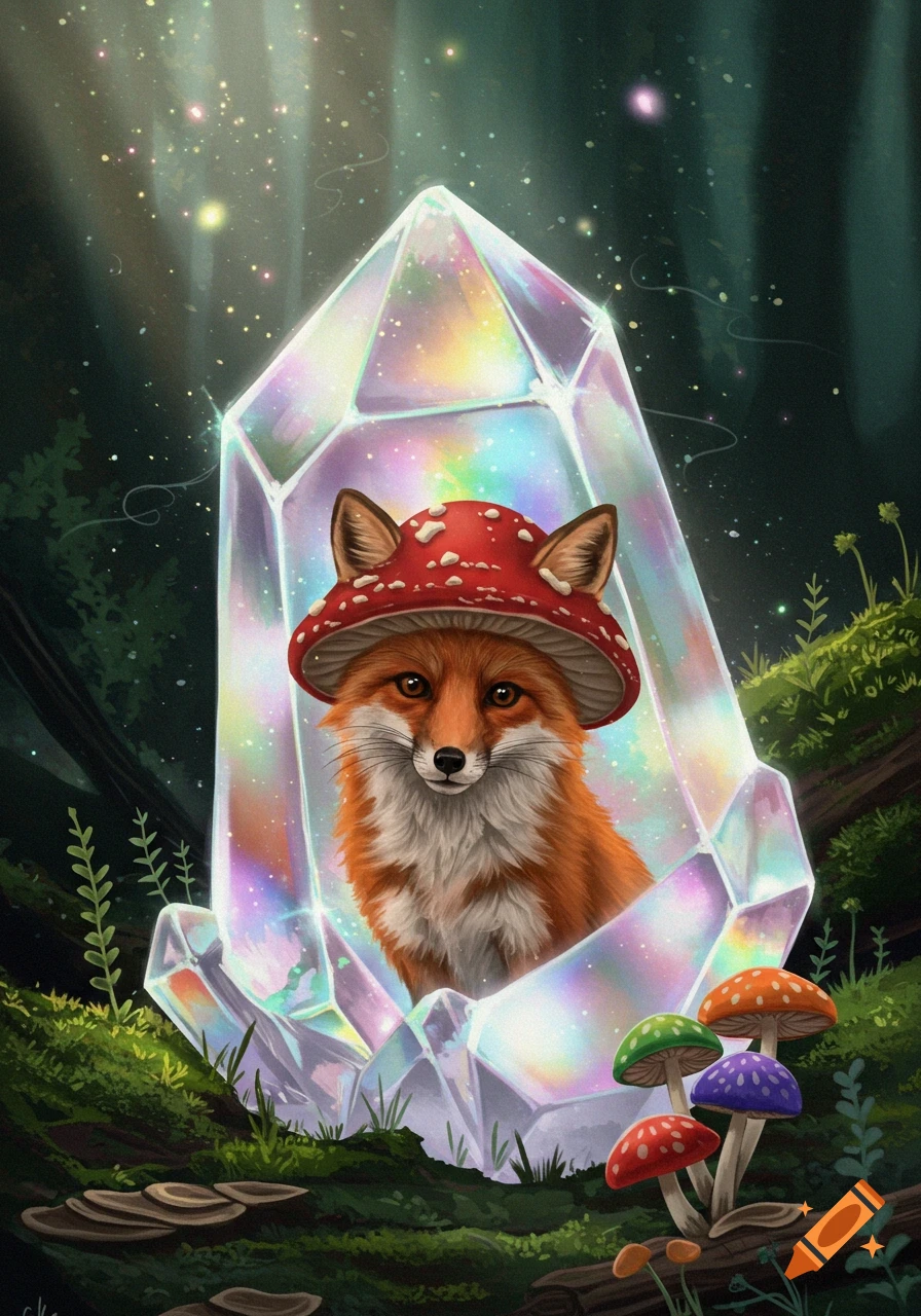 A fox wearing a mushroom hat sits inside a large, iridescent crystal in a magical forest scene with glowing mushrooms.