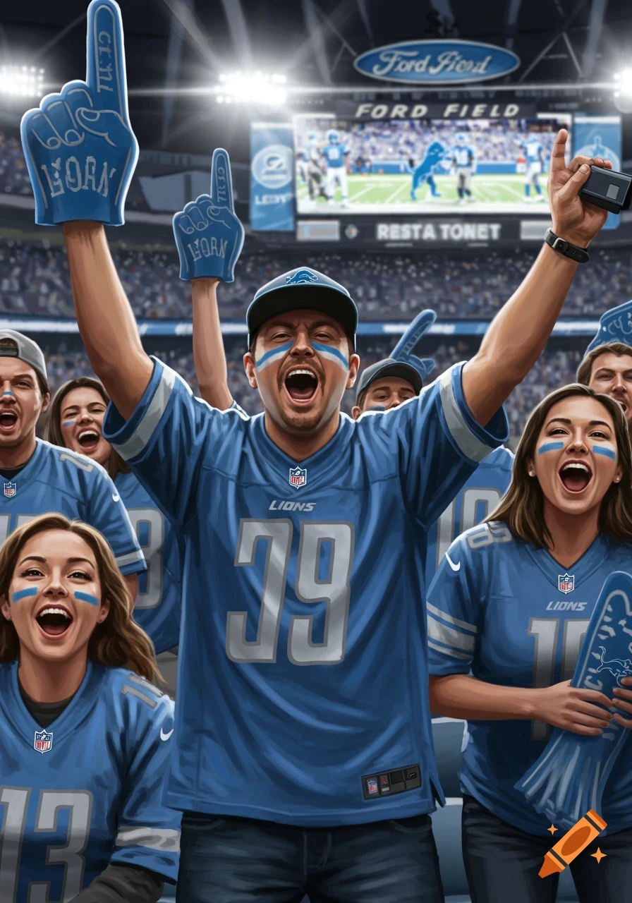A crowd of excited Detroit Lions football fans cheer in a stadium, wearing blue jerseys and holding foam fingers.